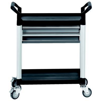 Black metal tool trolley on four wheels, with two handles on top and three drawers in the middle, suitable for workshop use.