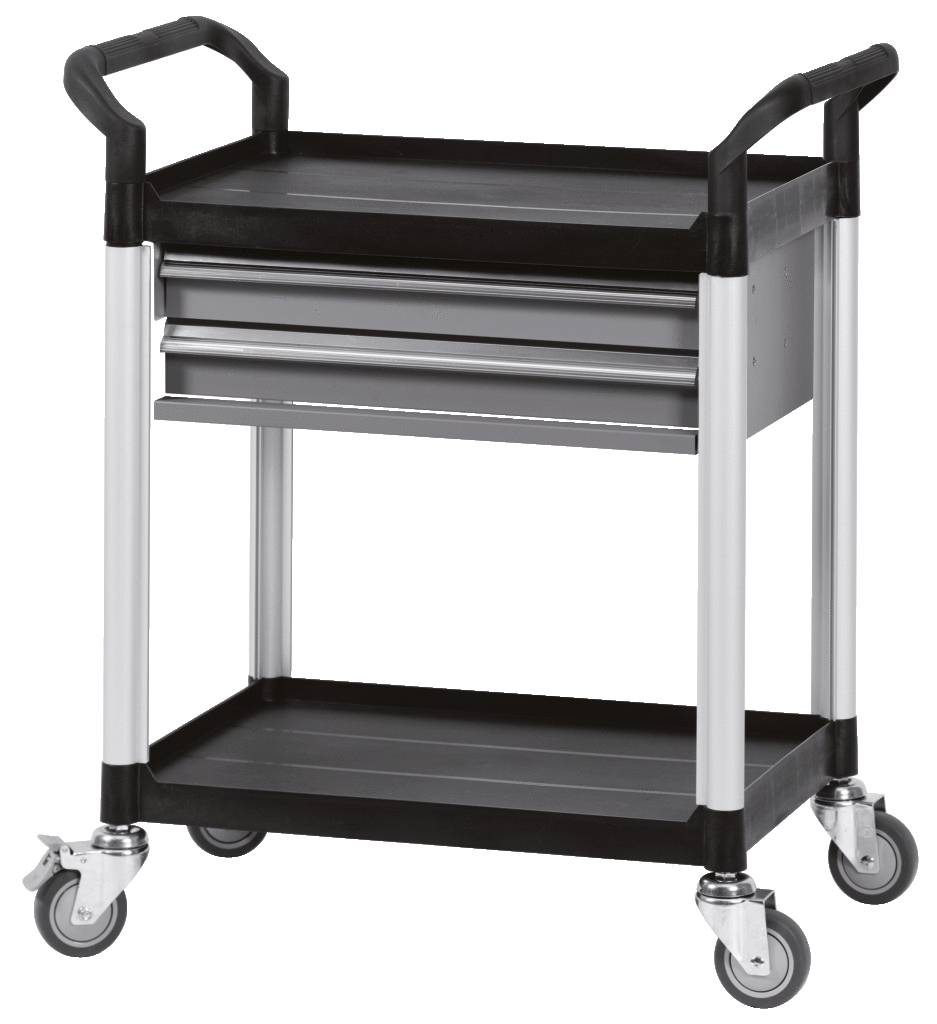 A trolley with two shelves and two drawers, suitable for storage and transportation of tools or materials.