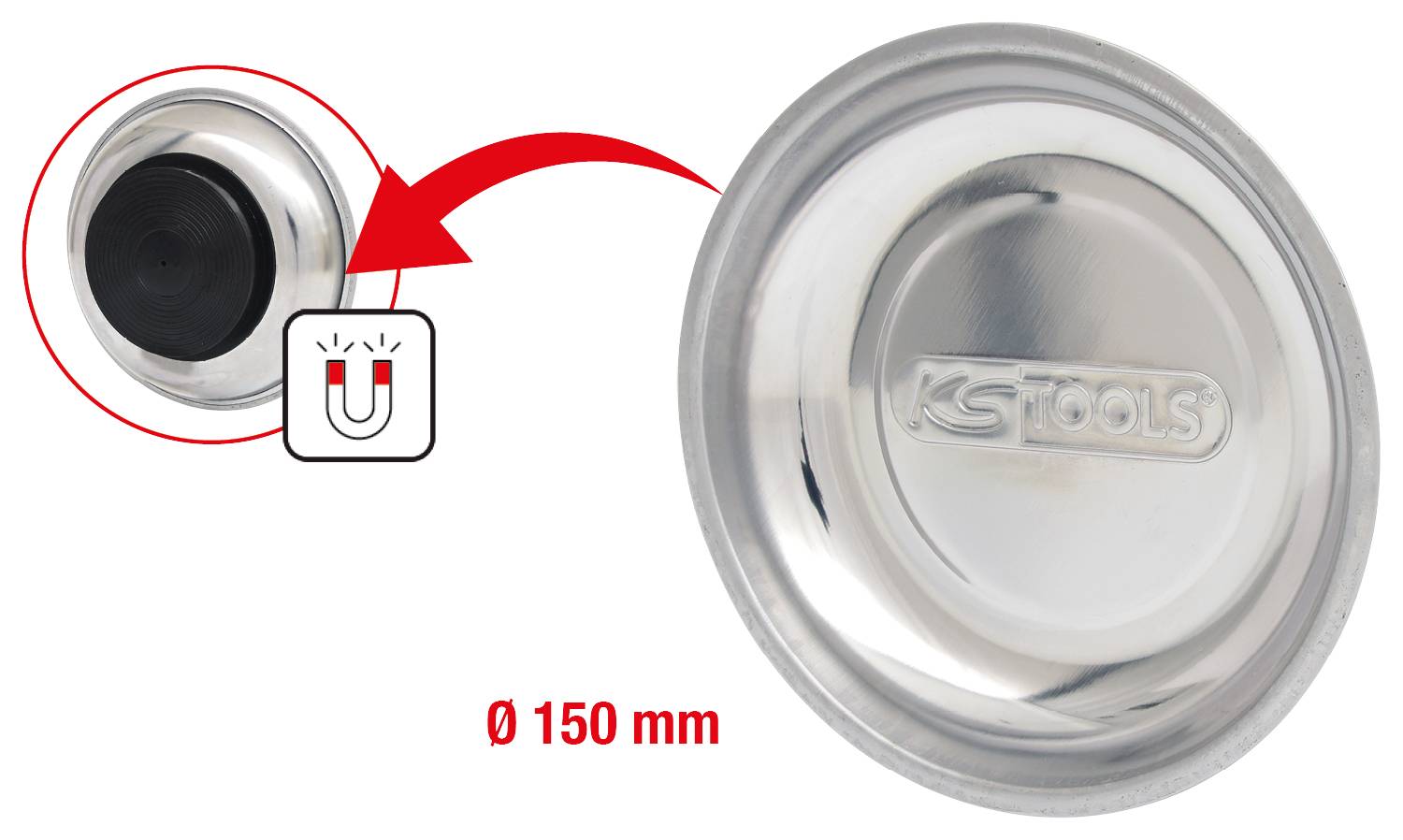 Magnetic Workshop Tray by KS Tools, 150 mm diameter, securely holds metal parts. Ideal for workshop organisation.