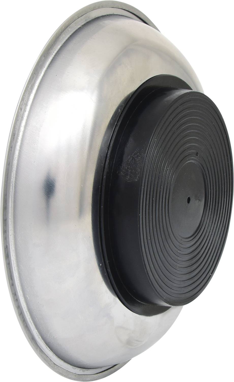 A silver, metallic wheel centre cap with a black, ribbed central section.