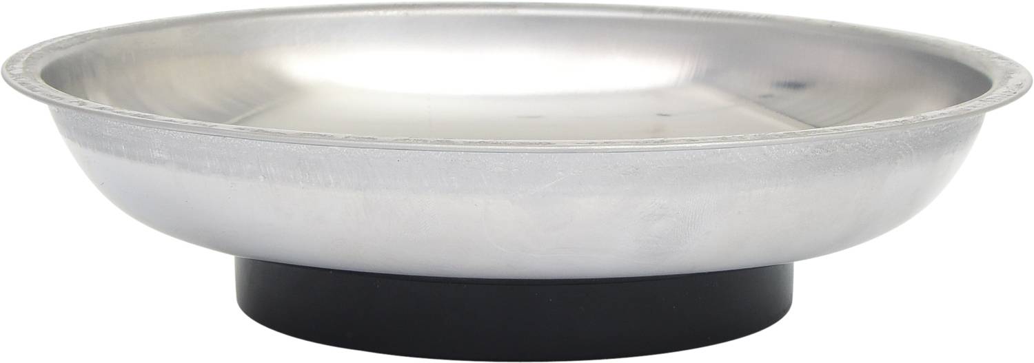 Metal tray with a magnetic base, for storing and securing small metal parts on work surfaces.