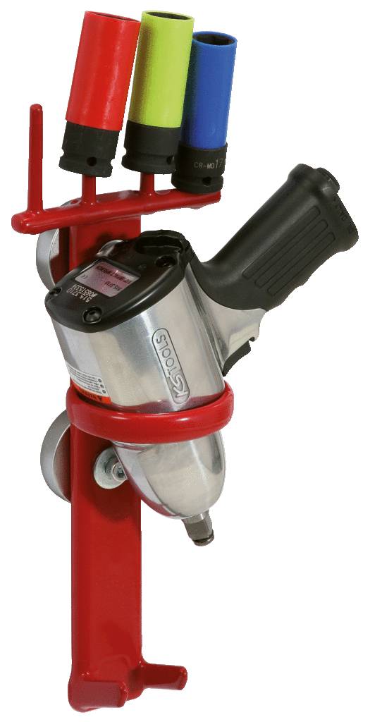 Pneumatic impact wrench with an ergonomic handle, mounted on a red bracket. Three coloured socket attachments are fitted on top.