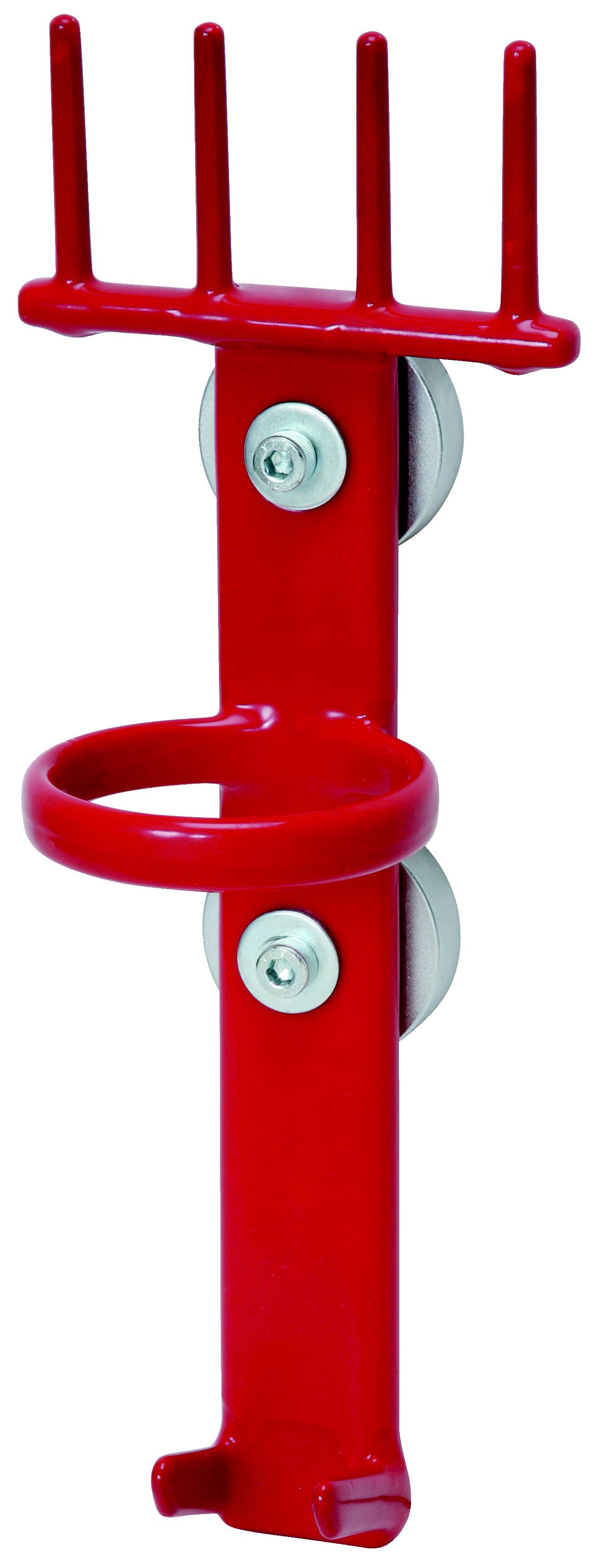Red metal holder with prongs at the top and a ring in the middle, mountable on a vertical surface. Suitable for hanging objects.
