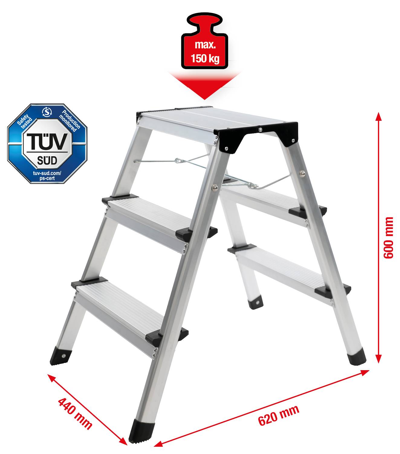 Silver three-stage folding ladder with TÜV certificate. Maximum load: 150 kg. Dimensions: 620 mm x 440 mm x 600 mm.