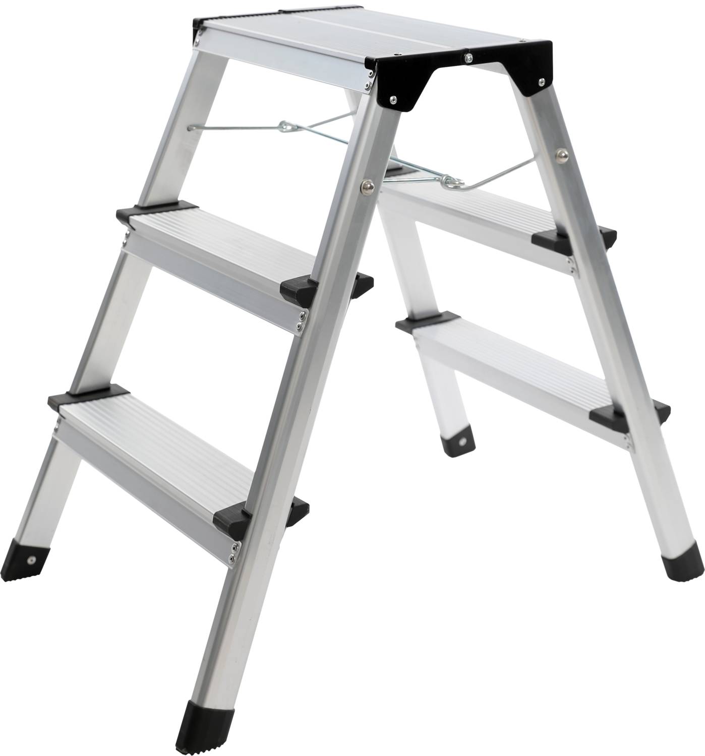'Three-step aluminium ladder, robust frame, non-slip feet, suitable for indoor and outdoor use.'
