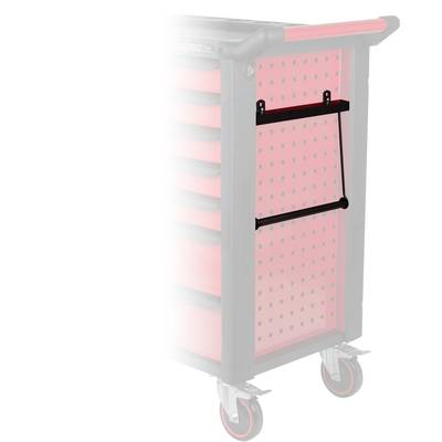 Workshop trolley with a red and black design, fitted with wheels and a black handle. Hanging rails are located on the side.