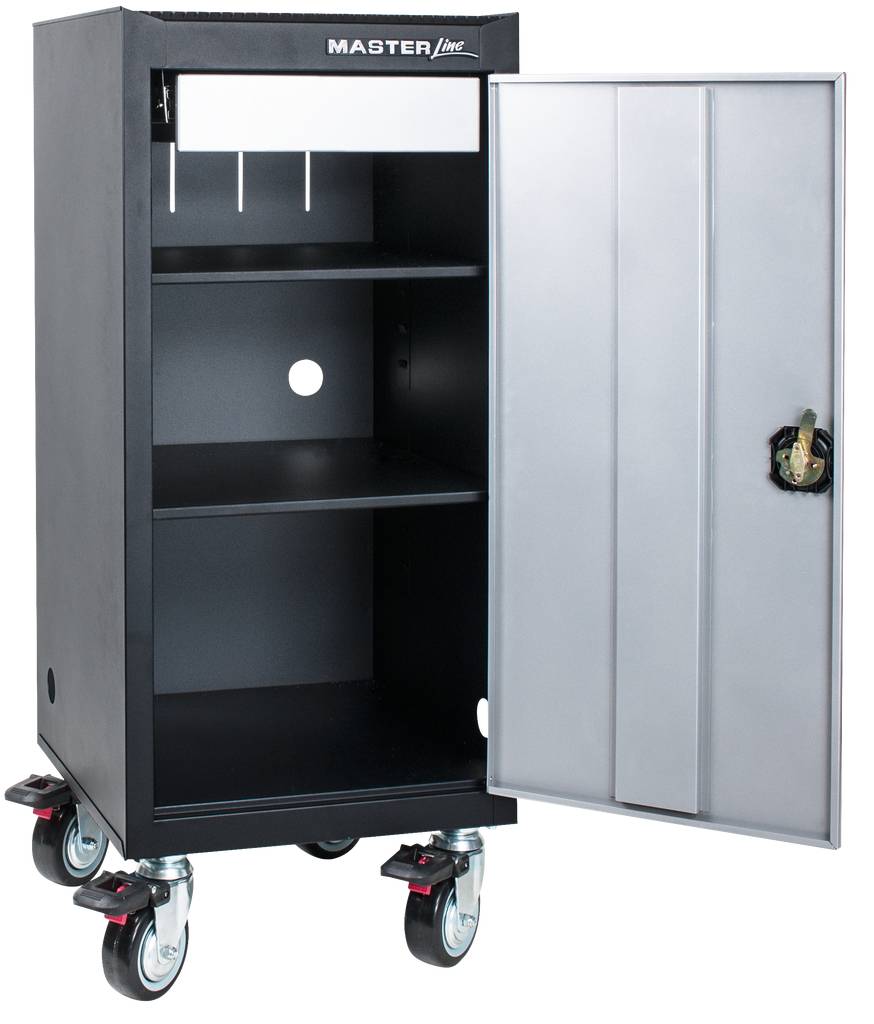 Black tool cabinet on wheels with open doors, showing three shelf compartments. 'MASTER Line' is written at the top.