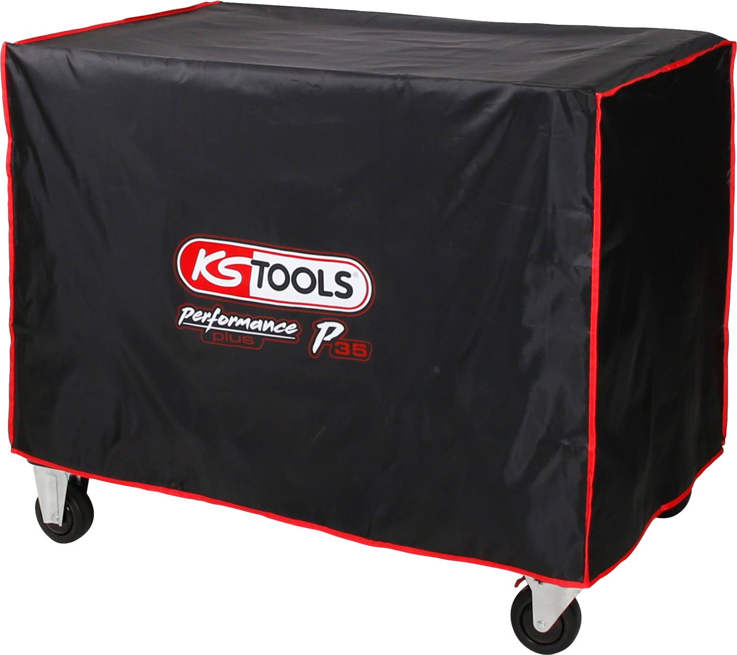 Black cover with red trim and 'KS Tools Performance P35' logo on a mobile tool trolley.