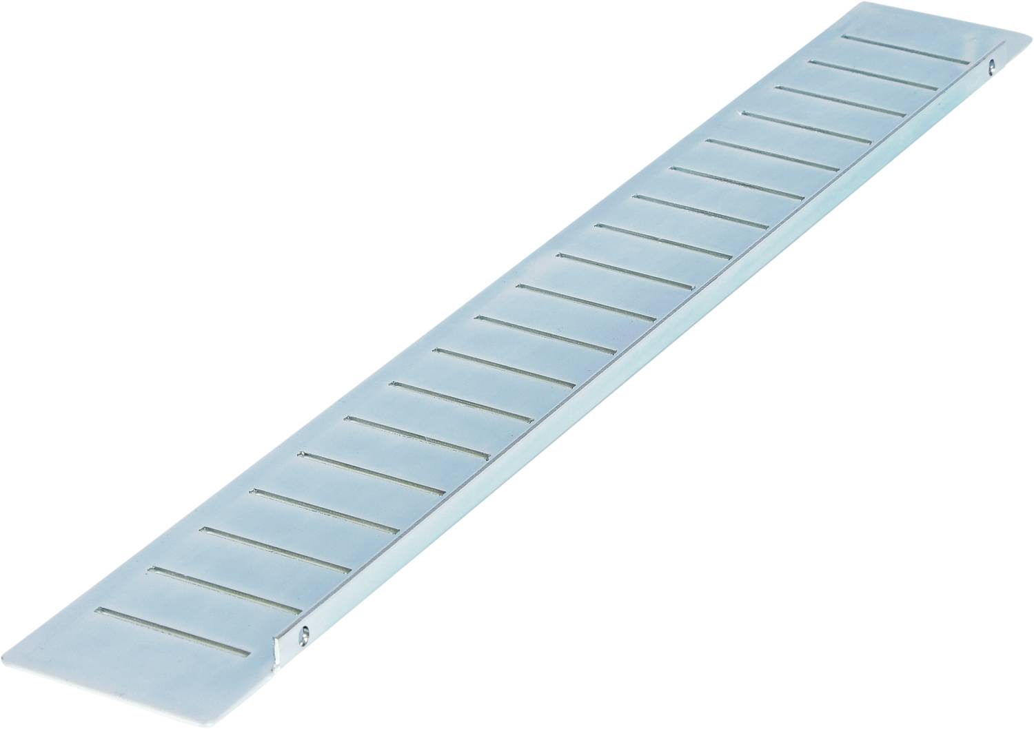 A silver drainage channel with parallel slits along its top surface, suitable for water drainage.