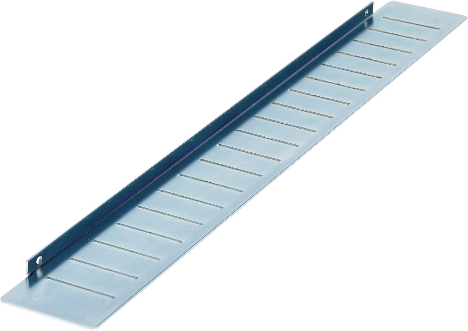 Metal rail with regular narrow slots along its length. Possibly part of a mounting or holding system.
