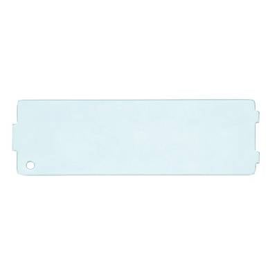 A rectangular, transparent plastic sheet with a hole in the bottom left and two notches on the right.