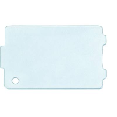 A transparent, rectangular identity card holder with rounded corners and a hole in the bottom left corner.