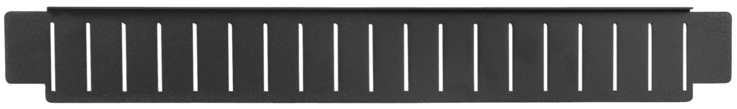 Black cable management panel with vertical slots for tidy cable routing in an IT rack or cabinet.