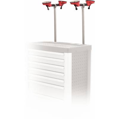 A white tool cabinet with multiple drawers. Two red hooks with long poles are attached at the top.