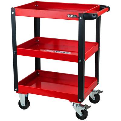 Red tool trolley with three shelves, black side supports and four wheels. Suitable for workshop tasks and tool storage.
