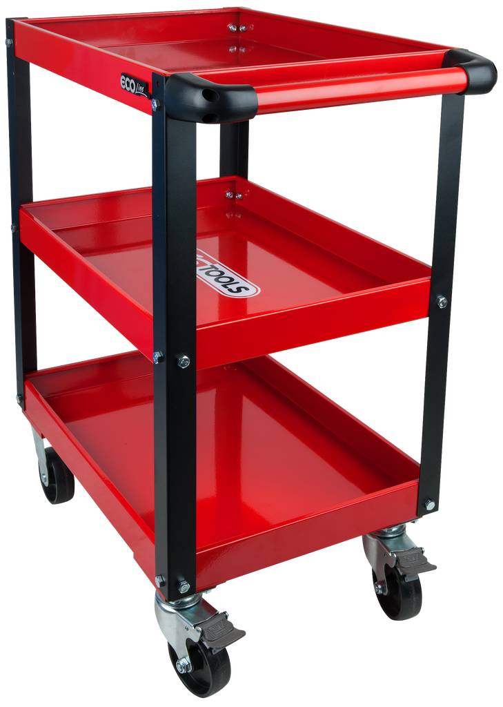 Red tool trolley with three tiers and black frame on four wheels for easy movement.
