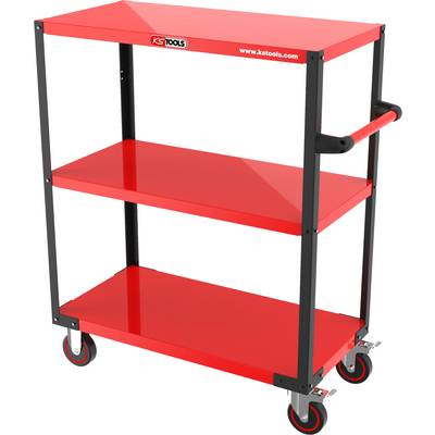 Red workshop trolley with three levels, black frame and four wheels. A handle makes pushing easier.