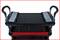 A black serving trolley with two tiers and side handles. Removable plastic boxes are situated on the top level.