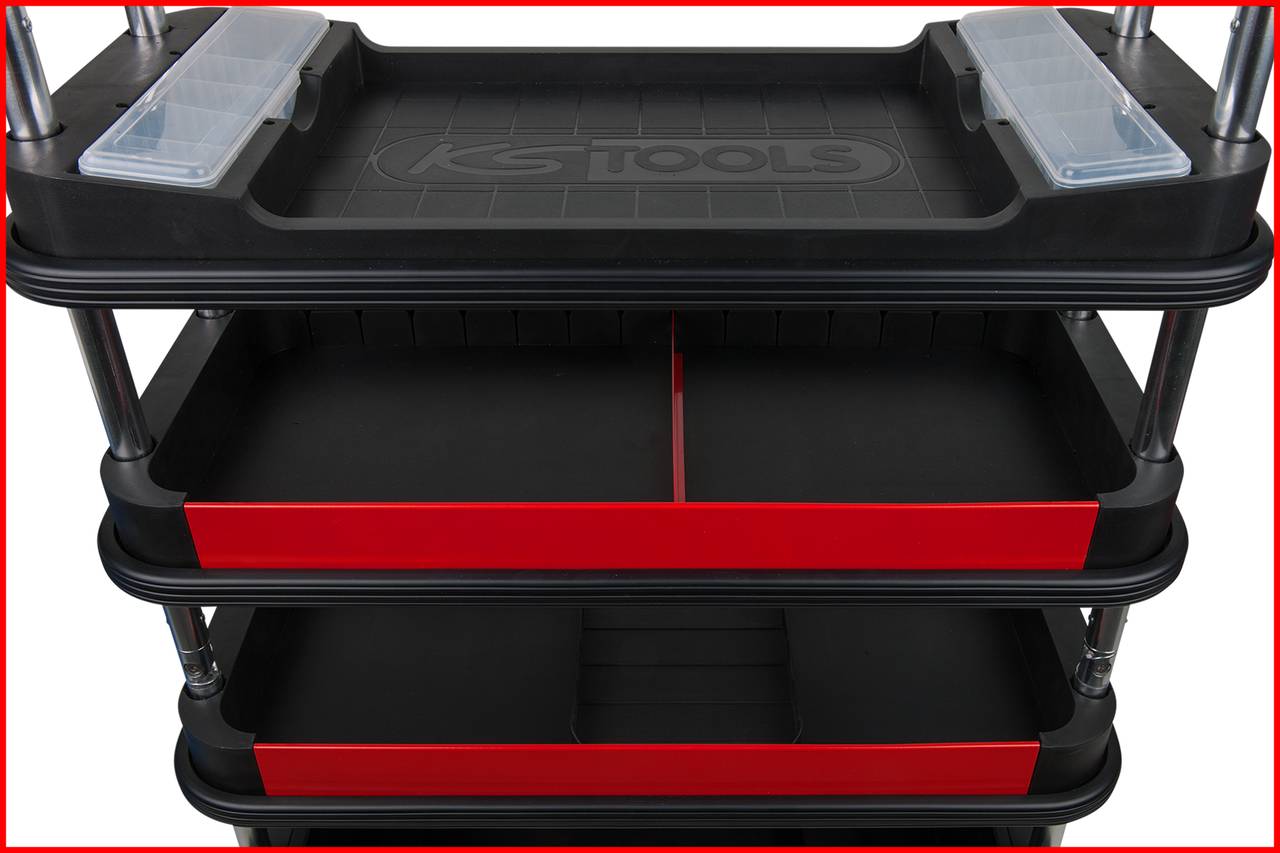 Tool trolley with multiple shelves, black base with red accents, two transparent boxes on the top level.