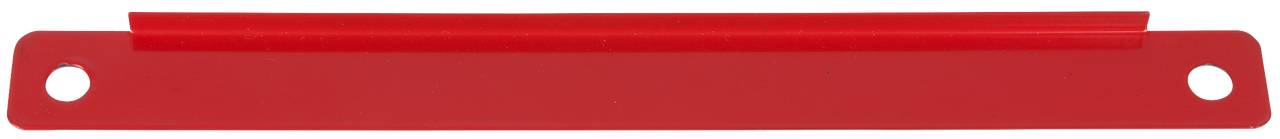 Red plastic ruler with two round holes at the ends.