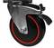 A black wheel with a red rim and metal mounting, fitted on an axle, with a brake on the side.
