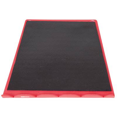 A black board with a red border, taken from an overhead perspective.