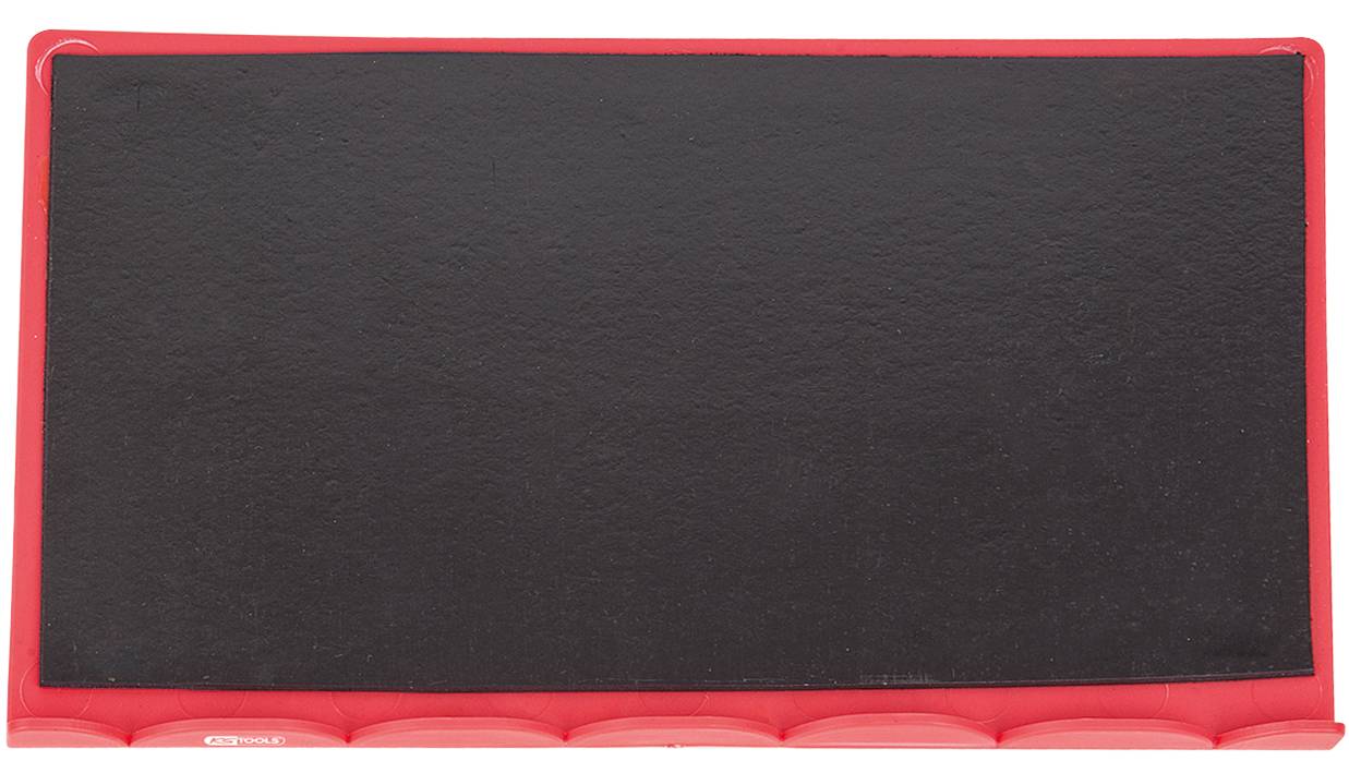 Red plastic box with a black, textured surface, in an empty state.