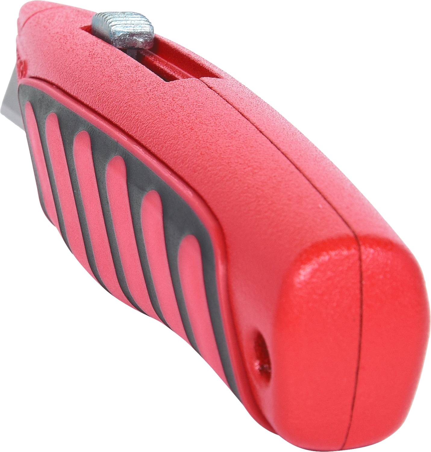 Red carpet knife with black handle and retractable blade; shows side view and blade lock button at the top.