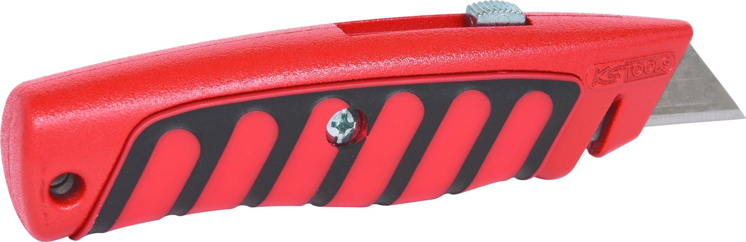 A red, ergonomic carpet knife with a black handle and retractable blade, suitable for precise cutting.