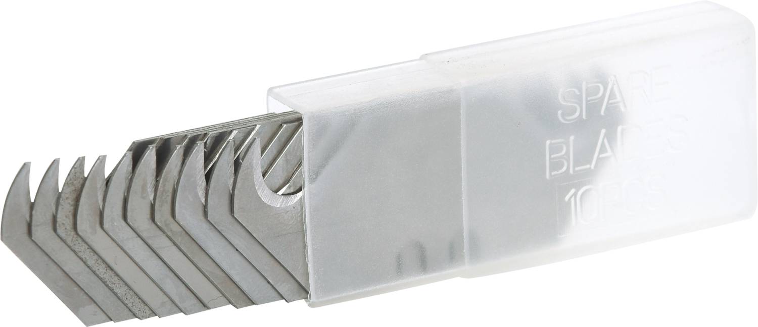 Ten replacement blades in a transparent plastic box. Blades are slightly curved and sharp. Box is labelled 'SPARE BLADES'.