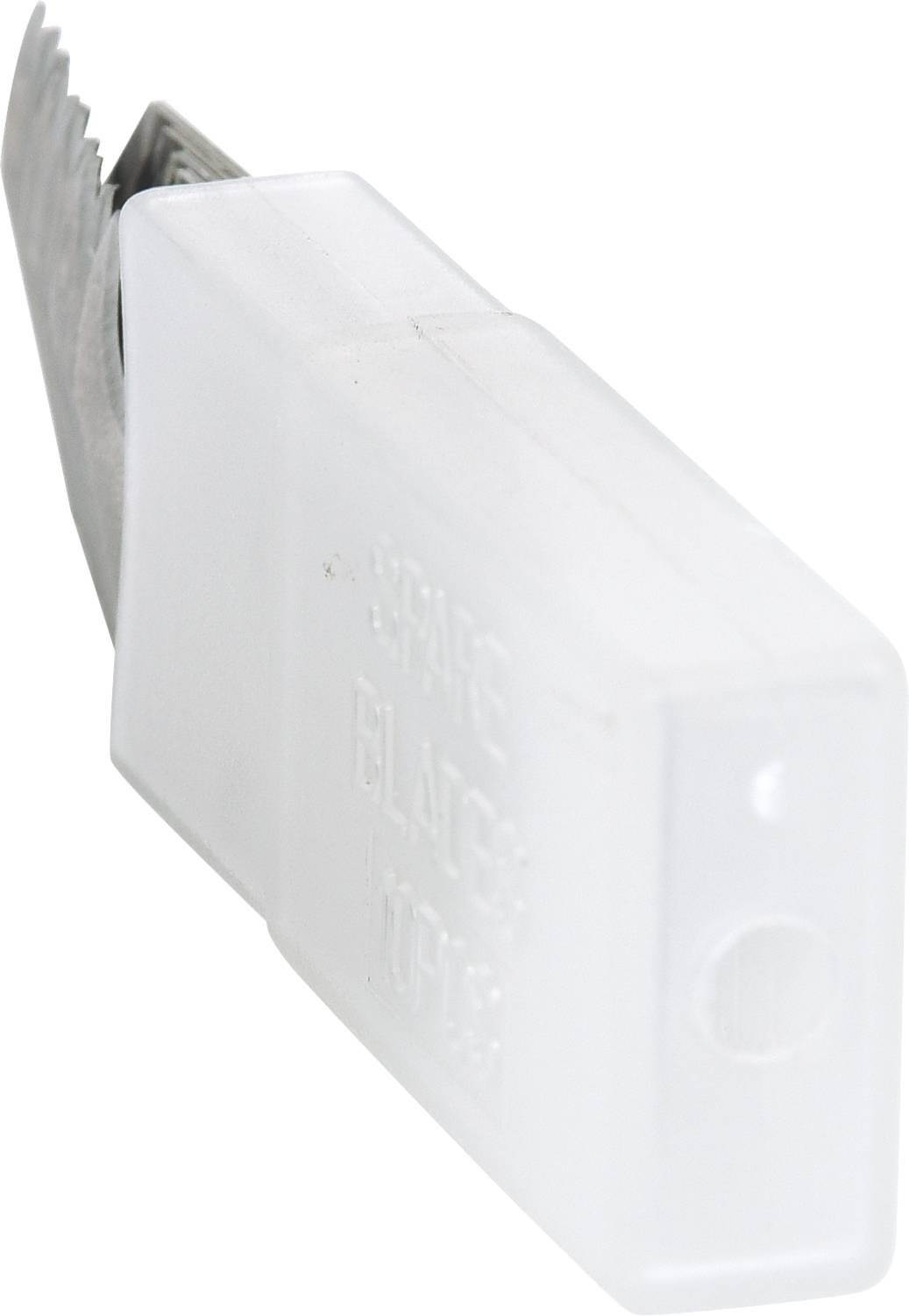 A replacement blade container/housing in a transparent plastic packaging with a metal blade.