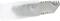 A metal knife with sharp serrations and a transparent plastic handle, likely a utility knife, on a white background.