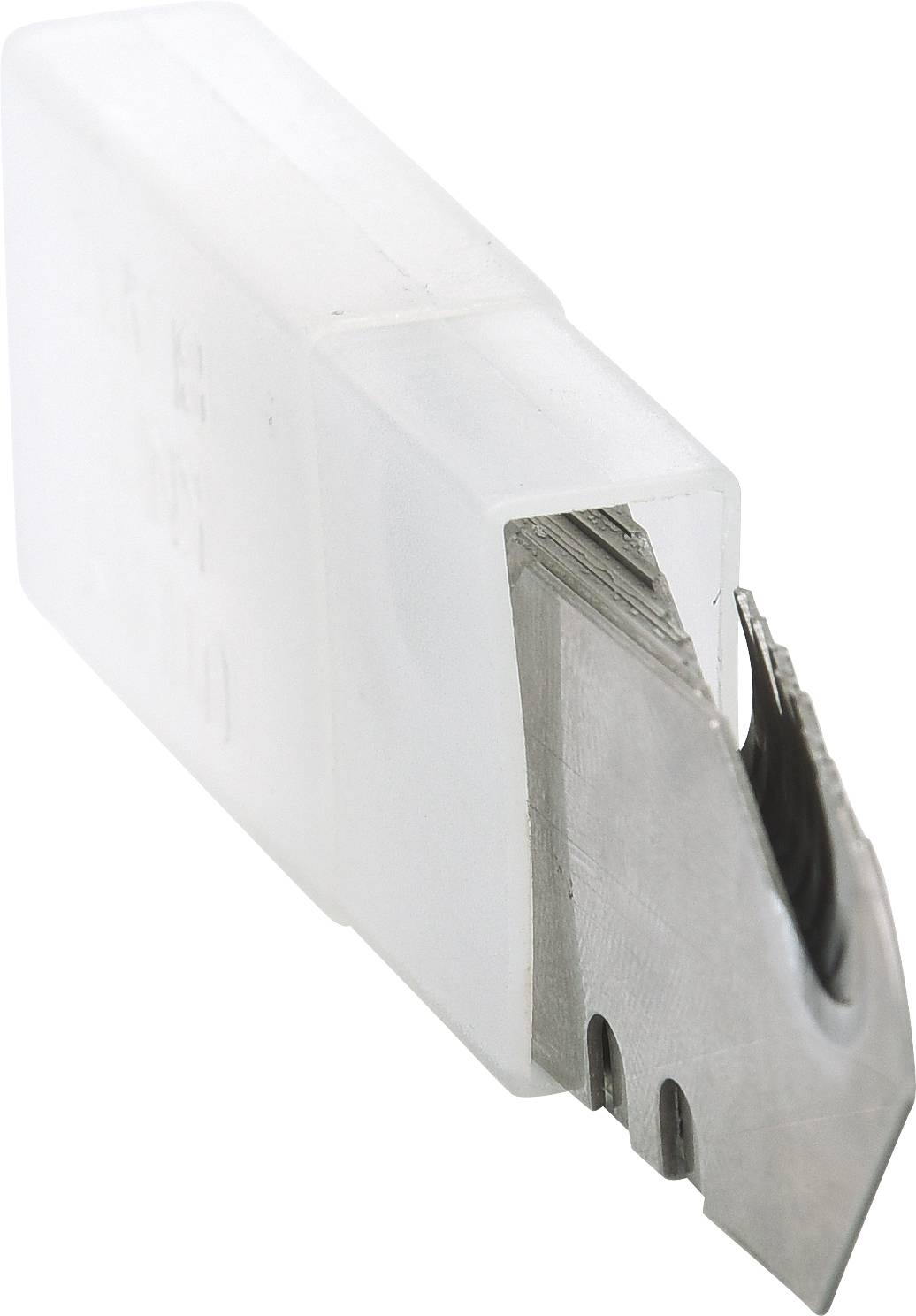 A stack of trapezoidal universal knife replacement blades made of metal in a transparent plastic box.