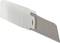A craft knife with a sharp, silver blade, partially extended from a white plastic handle.