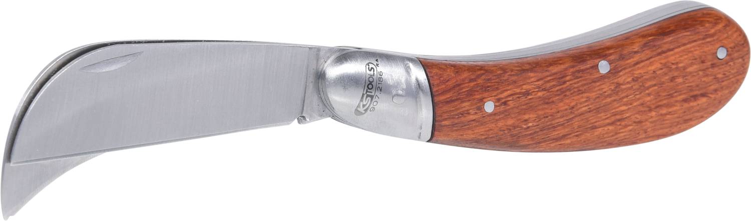 Pruning knife with a curved blade and wooden handle, suitable for garden tasks such as trimming plants.