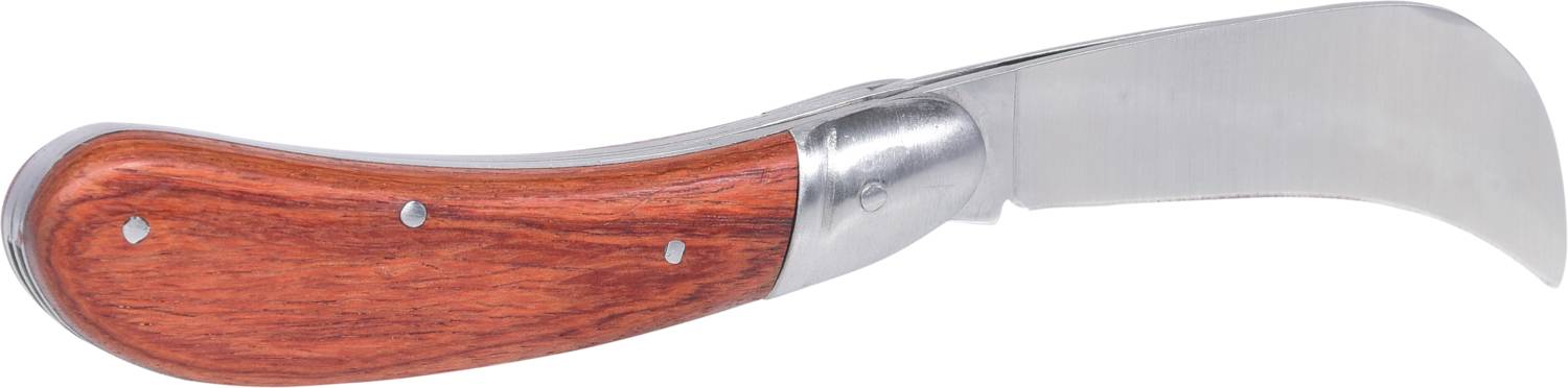 A garden pruning knife with a wooden handle and curved silver blade, typical for trimming plants.