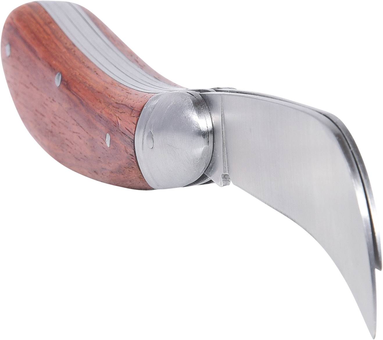 Woodcutting knife with a round handle and a curved, blunt blade.