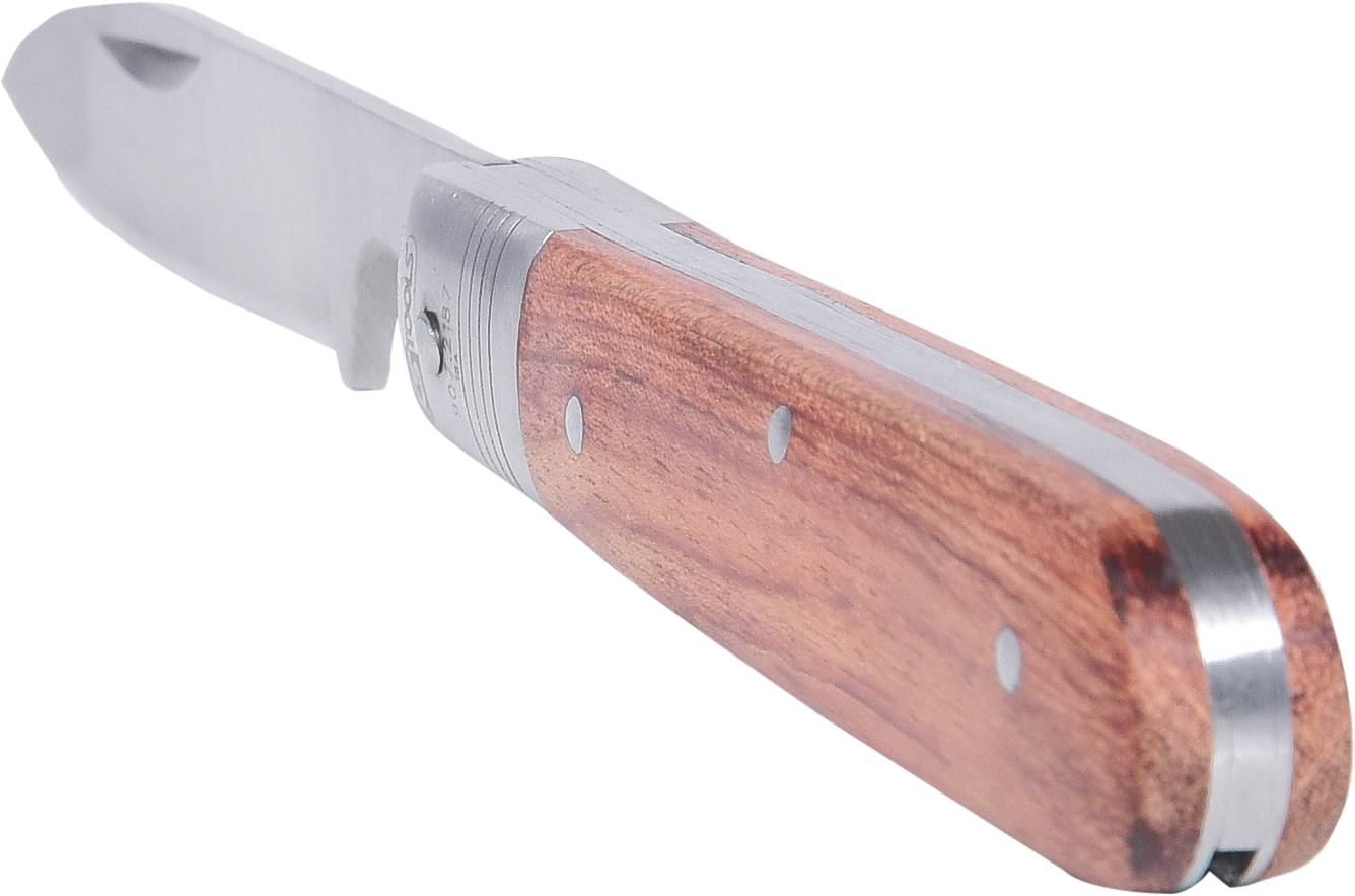 Penknife with a wooden handle and a folded silver blade.