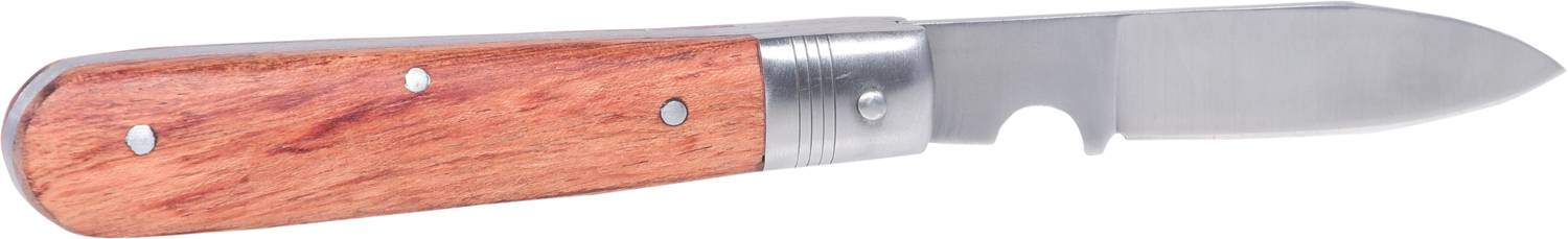 A penknife with a wooden handle and a metallic blade. The design is simple and functional.
