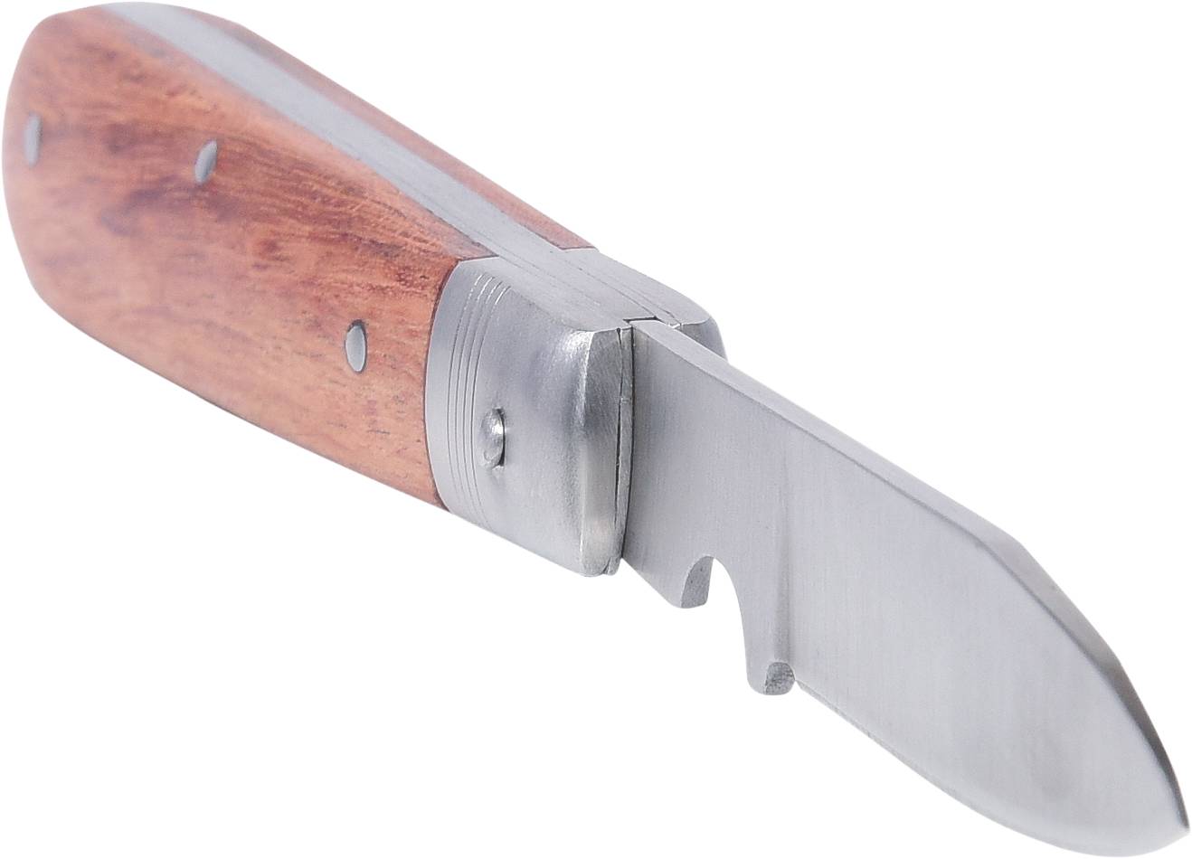 Penknife with wooden handle and open blade, against a white background.