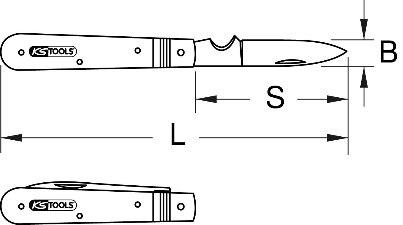 The image depicts a folding knife with open and closed views. Labels indicate length (L), height (B), and blade length (S).