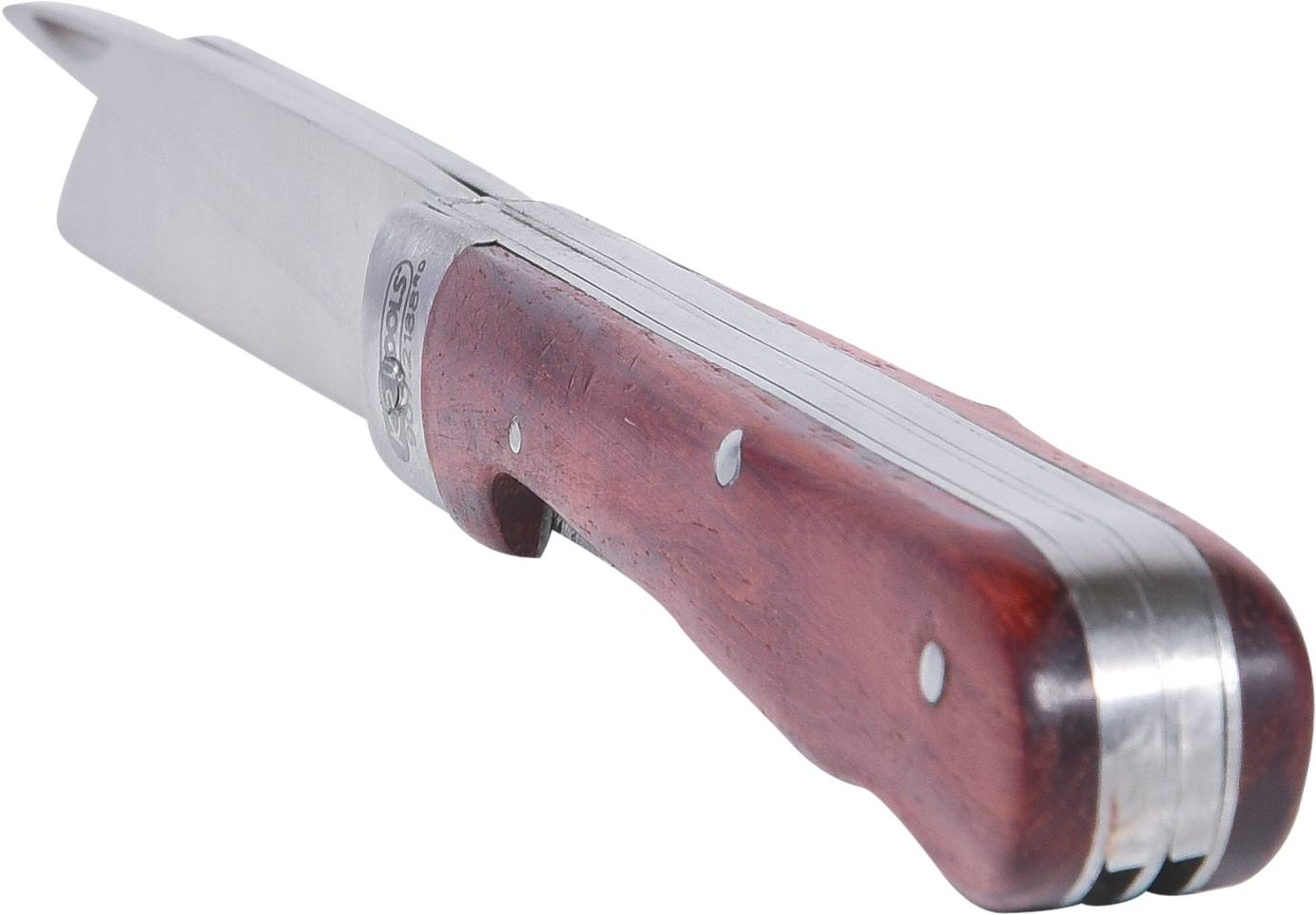 A penknife with a wooden handle and metallic blade in an open position, often used for cutting tasks while travelling.