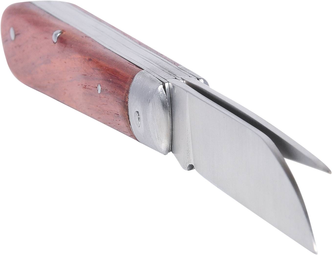 Pocket knife with a wooden handle and two unfolded blades, shown against a white background.