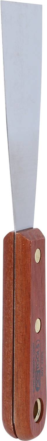 A spatula with a long, narrow metal blade and a handle made of brown wood, secured with two golden rivets, against a white background.