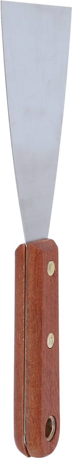 Palette knife with a metal blade and wooden handle, a typical tool for smoothing surfaces or removing material.
