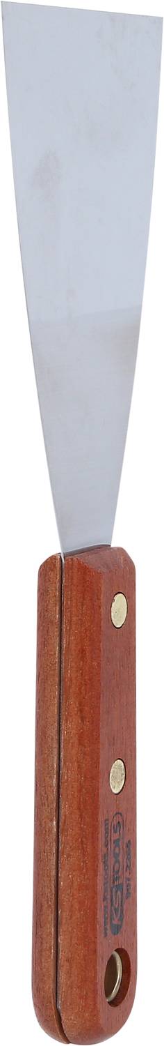 Trowel with a trapezoidal steel blade and brown wooden handle with two rivets.