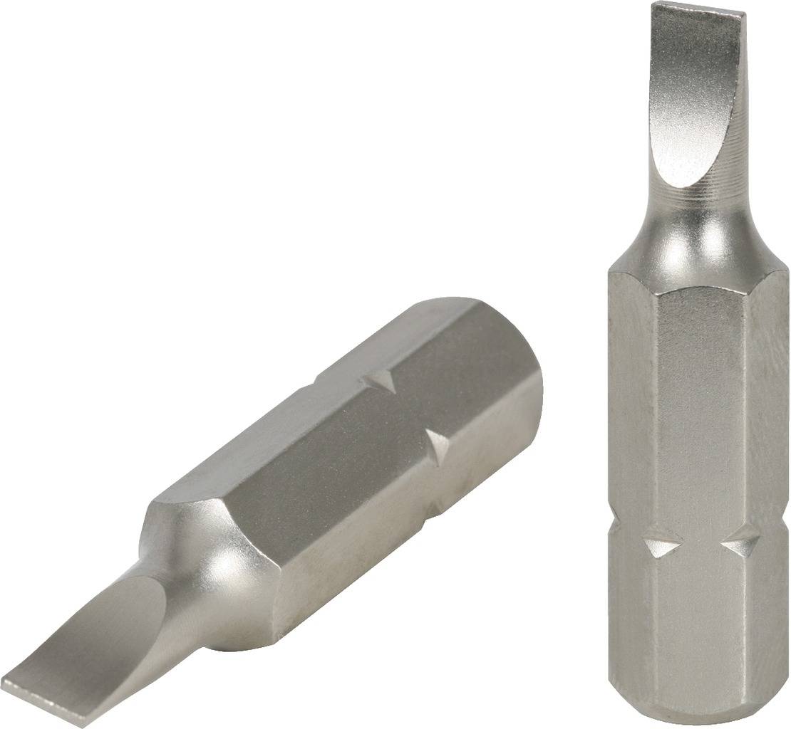 Two silver slotted screwdriver bits made of metal, one lying down, the other standing upright. Ideal for manual or electric tools.