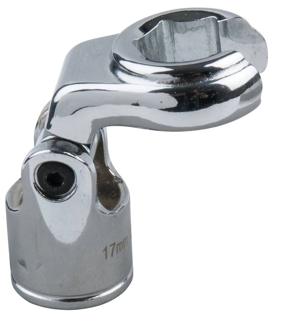 A chrome-plated universal joint spanner with a movable head; '17mm' inscription visible. Suitable for flexibly accessible screws.