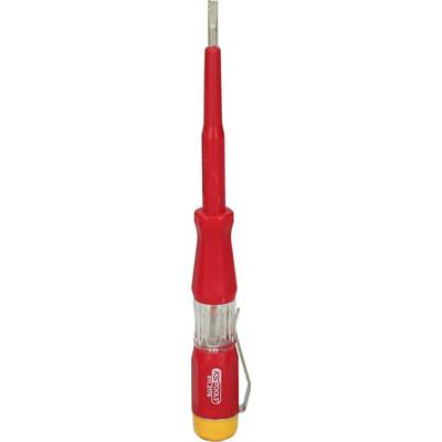 Red voltage tester with transparent handle and metal clip on the side.