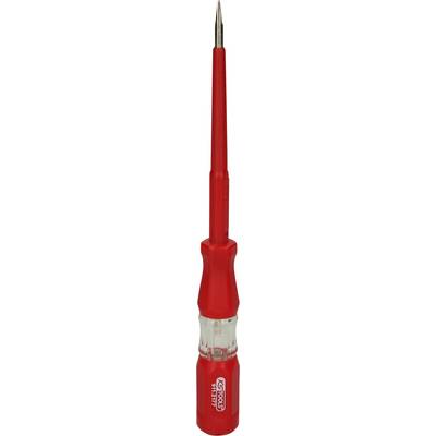 A screwdriver with a red handle and transparent tip.